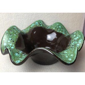 Unique Handmade Glazed Pottery Bowl w/Flutted Edges, Signed